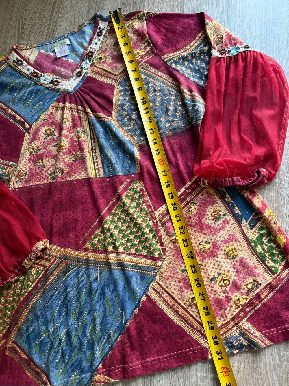 Ulla Popken Boho Patchwork Relaxed Fit V-Neck Tunic Burgundy Multi Size 20/22 - Picture 11 of 13